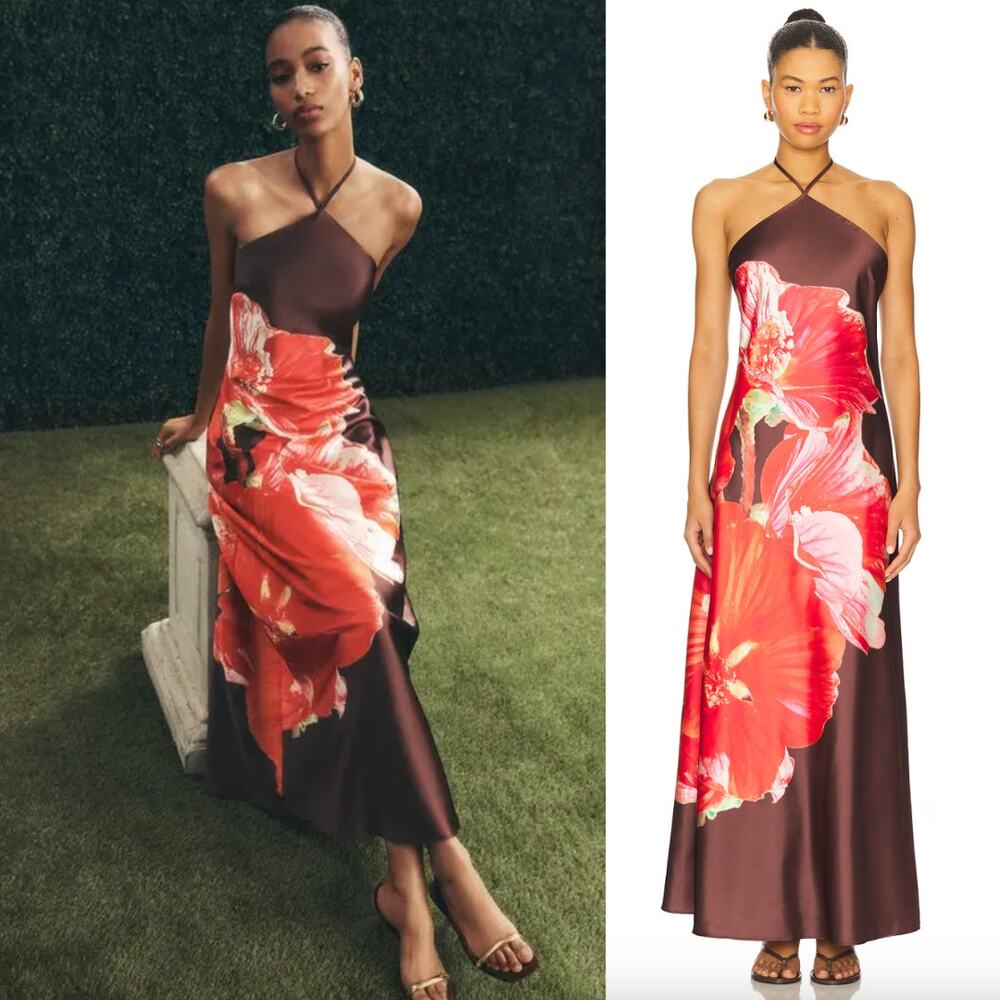 Steve Madden | Flora Dress in Burnt Umber Brown Tropical Halter Maxi 6